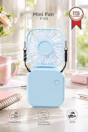 Özel Üretim Torima F-05 Mini Fan Tutmalı Şarjlı Vantilatör Mavi Seyahat Kişisel Pratik