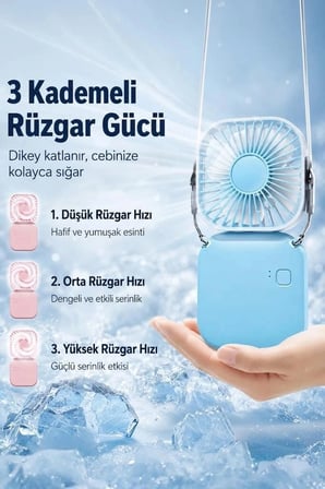 Özel Üretim Torima F-05 Mini Fan Tutmalı Şarjlı Vantilatör Mavi Seyahat Kişisel Pratik