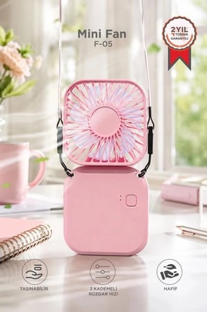 F-05 Mini Fan Tutmalı Şarjlı Vantilatör Pembe Hava Akımı Seyahat Ürünü Taşınabilir Soğutucu