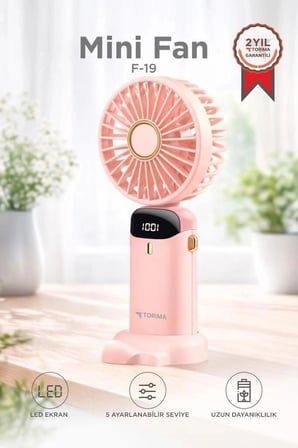 Delux Serisi Torima F19 Pembe Şarjlı Masaüstü Vantilatör Günlük Kullanım Çalışma Masası Kompakt Fan