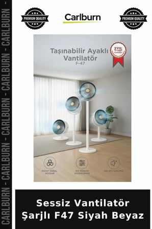 Premium Sessiz Vantilatör Şarjlı F47 Siyah Beyaz Kolay Tasarım Yazlık