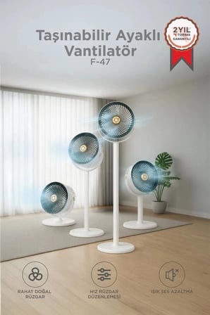 Premium Sessiz Vantilatör Şarjlı F47 Siyah Beyaz Kolay Tasarım Yazlık