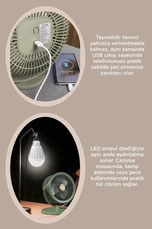 Delux Serisi Torima Güneş Panelli Vantilatör Şarjlı Ampüllü F48 Kamp Aydınlatma Piknik