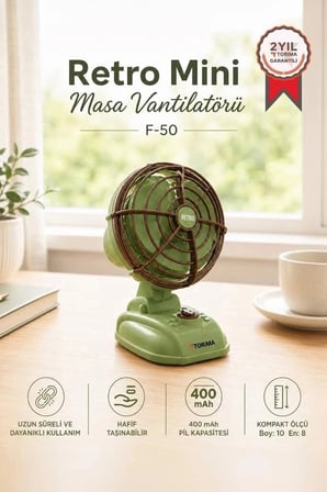 Premium Torima Şarjlı Masaüstü Vantilatör F50 Yeşil Eski Tarz Fan Hava Akımı Ev Aksesuarı