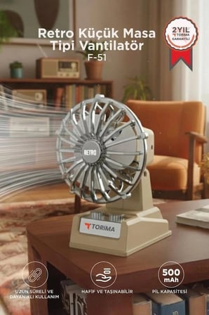 Delux Serisi Torima Şarjlı Masaüstü Vantilatör Retro Tasarım 500 Mah F51 Yaz Donanım Ortam