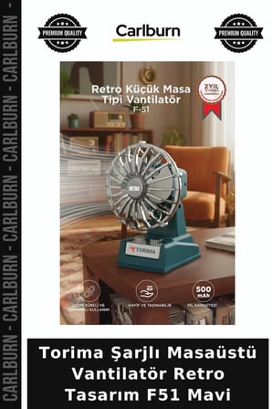 Delux Serisi Torima Şarjlı Masaüstü Vantilatör Retro Tasarım F51 Mavi Çalışma Oda Aksesuar