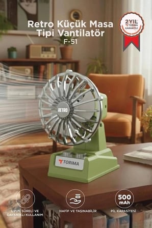 Özel Seri Torima Şarjlı Masaüstü Vantilatör Retro F51 Yeşil Küçük Ofis Fan