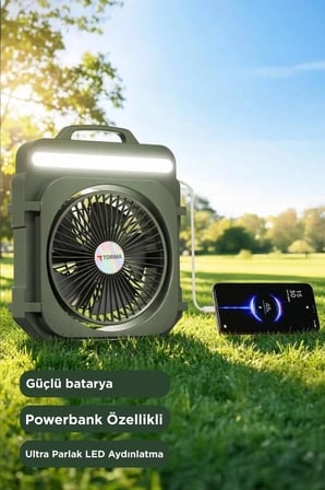 Özel Üretim Torima Şarjlı Masaüstü Vantilatör Kamp Tipi F53 Yeşil Seyahat Serin Yaz