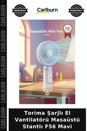 Özel Üretim Torima Şarjlı El Vantilatörü Masaüstü Stantlı F56 Mavi Yazlık Cihaz Mini