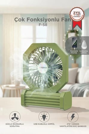 Delux Serisi Torima Şarjlı Masaüstü Vantilatör Powerbank 3600 Mah F58 Aygıtı Yeşil Üstü