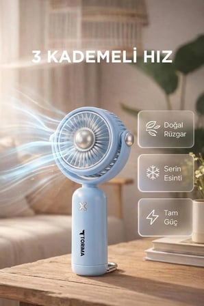 Özel Seri Torima Şarjlı El Vantilatörü F60 Mavi Küçük Aksesuar