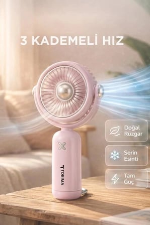 Özel Üretim Torima Şarjlı El Vantilatörü F60 Pembe Yazlık Çalışma Tatil