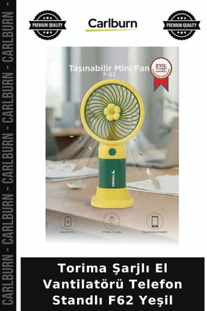 Premium Torima Şarjlı El Vantilatörü Telefon Standlı F62 Yeşil Masaüstü Yazlık Modern