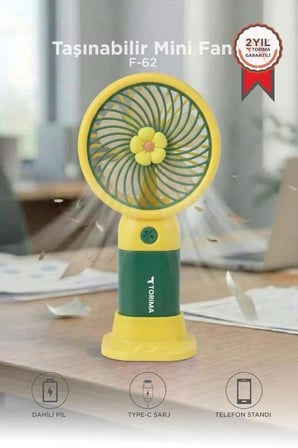 Premium Torima Şarjlı El Vantilatörü Telefon Standlı F62 Yeşil Masaüstü Yazlık Modern