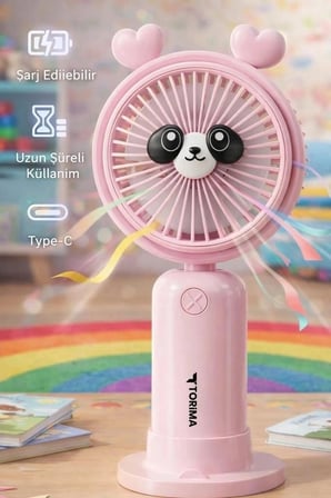 Özel Seri Torima Şarjlı El Vantilatörü F68 Pembe Ayıcıklıseri Serinlik