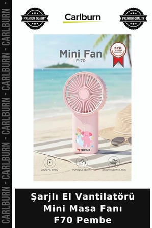 Premium Şarjlı El Vantilatörü Mini Masa Fanı F70 Pembe Hava Akımı Hediyelik Fan Aksesuar