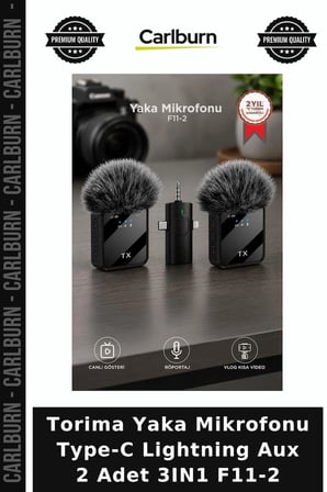 Torima Yaka Mikrofonu Type-C Lightning Aux 2 Adet 3IN1 F11-2 Ses Aktarıcı Telefon Aleti Kayıt Cihazı