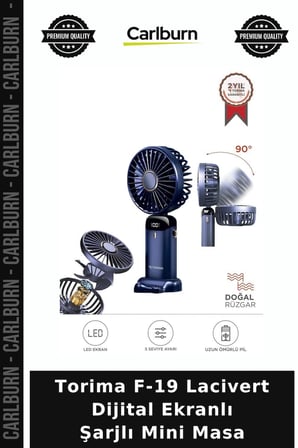 Torima F-19 Lacivert Dijital Ekranlı Şarjlı Mini Masa Küçük Pervane Hava Üfleyici Kompakt Fan