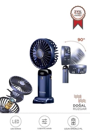 Torima F-19 Lacivert Dijital Ekranlı Şarjlı Mini Masa Küçük Pervane Hava Üfleyici Kompakt Fan