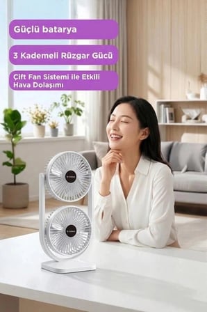 Premium Torima Şarjlı Çift Başlıklı Masaüstü Vantilatörü F22 Beyaz Kullanışlı Alet Günlük