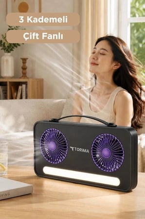 Premium Torima Vantilatör Led Işıklı Şarjlı Çift Fanlı F23 Cihaz Çalışma Seyahat