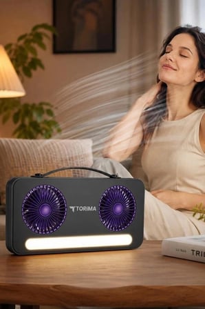 Premium Torima Vantilatör Led Işıklı Şarjlı Çift Fanlı F23 Cihaz Çalışma Seyahat