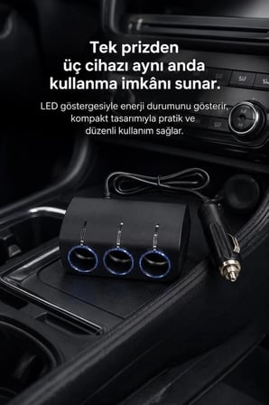 Torima Araç Şarj Cihazı Üçlü Led Soketli 120W G24 Siyah Cihaz Besleme Sürüş Aksesuarı Mobil Enerji