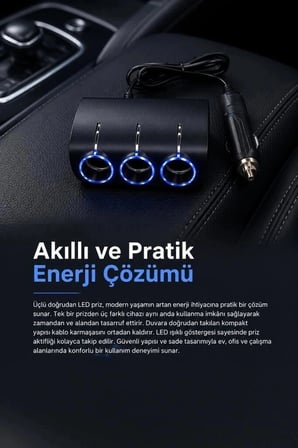 Torima Araç Şarj Cihazı Üçlü Led Soketli 120W G24 Siyah Cihaz Besleme Sürüş Aksesuarı Mobil Enerji