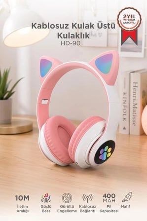 Premium Torima Bluetooth Kulaklık Kedi Tasarımlı HD90 Pembe Oyun Aksesuarı Film Keyfi Eğlence Ürünü
