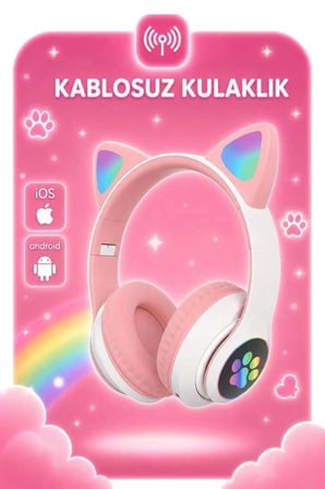Premium Torima Bluetooth Kulaklık Kedi Tasarımlı HD90 Pembe Oyun Aksesuarı Film Keyfi Eğlence Ürünü