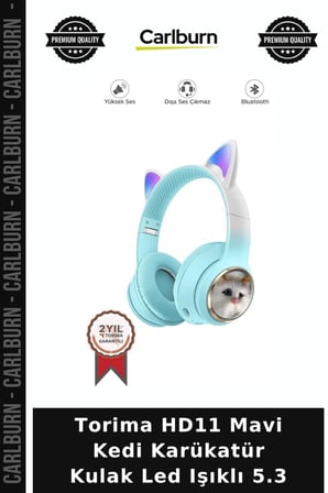 Premium Torima HD11 Mavi Kedi Karükatür Kulak Led Işıklı 5.3 Ders Kulaklık