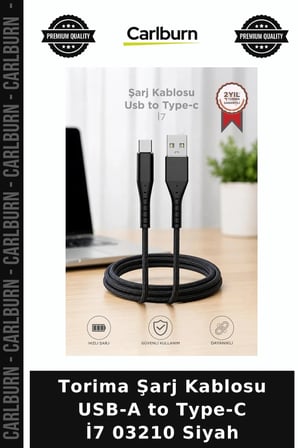 Özel Üretim Torima Şarj Kablosu USB-A to Type-C İ7 03210 Siyah Araç Taşınabilir Bireysel