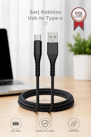 Özel Üretim Torima Şarj Kablosu USB-A to Type-C İ7 03210 Siyah Araç Taşınabilir Bireysel