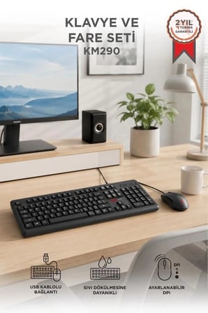 Özel Seri Lenovo Kablolu Q Klavye Mouse Seti KM290 Siyah Donanım Cihaz Ofis