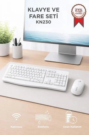Delux Serisi Lenovo Usb Alıcılı Kablosuz Q Klavye Mouse Seti KN230 Beyaz Cihaz Ofis Masa