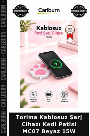 Delux Serisi Torima Kablosuz Şarj Cihazı Kedi Patisi MC07 Beyaz 15W Pratik Kullanışlı Telefon