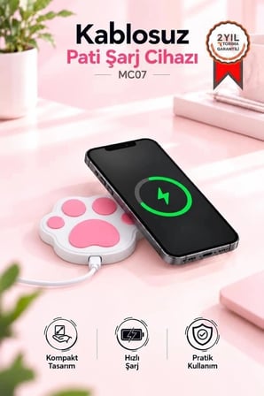 Delux Serisi Torima Kablosuz Şarj Cihazı Kedi Patisi MC07 Beyaz 15W Pratik Kullanışlı Telefon