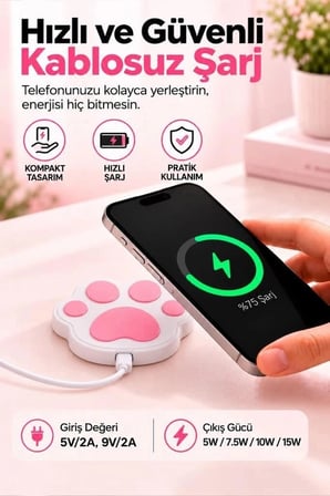 Delux Serisi Torima Kablosuz Şarj Cihazı Kedi Patisi MC07 Beyaz 15W Pratik Kullanışlı Telefon