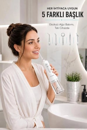 Özel Üretim Şarjlı Ağız Duşu 4 Modlu Taşınabilir Ağız Bakım Cihazı 01 Beyaz Hediye Pratik Cihaz