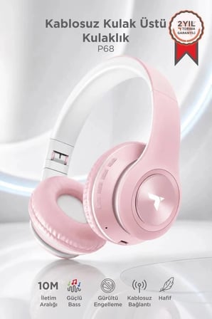 Premium Bluetooth Kulaklık Kulak Üstü P68 Pembe Modern Stil Eğlence Aracı Aktif Yaşam