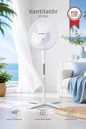 Delux Serisi Torima Vantilatör 16 Inc 55W Fan SF04 Beyaz Pratik Kullanım Mutfak İçin