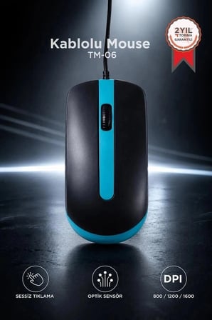 Premium Torima Mouse Optik Sessiz ve Ergonomik Tasarım Kablolu Fare TM06 Mavi Bağlantı Cihaz