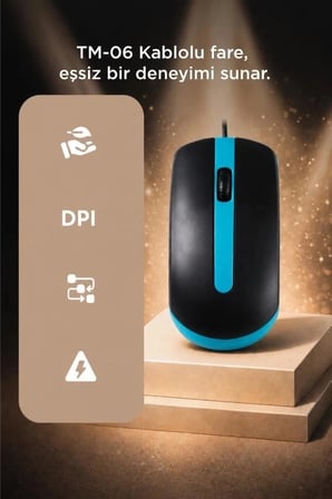 Premium Torima Mouse Optik Sessiz ve Ergonomik Tasarım Kablolu Fare TM06 Mavi Bağlantı Cihaz
