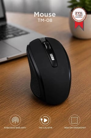 Premium Torima Mouse Optik Kablosuz Fare TM08 Siyah Pratik Akıcı Çalışma