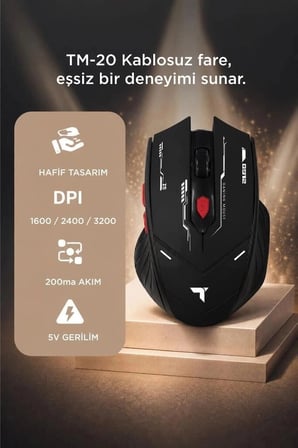 Torima Mouse Çift Modlu Sessiz Kablosuz Oyuncu Fare TM20 Siyah Masaüstü Şarjlı Bilgisayar Aksesuarı