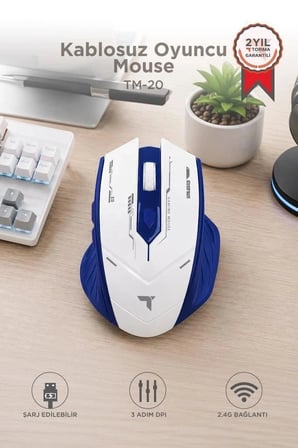 Premium Torima Mouse Çift Modlu Sessiz Kablosuz Oyuncu Fare TM20 Beyaz Mavi Masaüstü Oyun Aksesuar