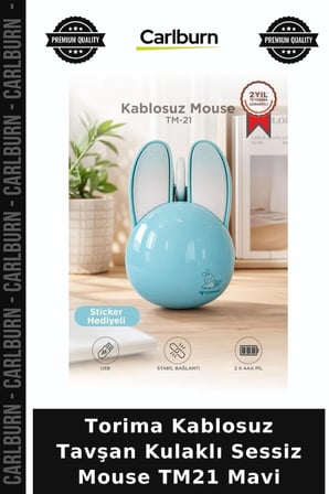 Özel Üretim Torima Kablosuz Tavşan Kulaklı Sessiz Mouse TM21 Mavi Ofis Gereci Renkli Fare
