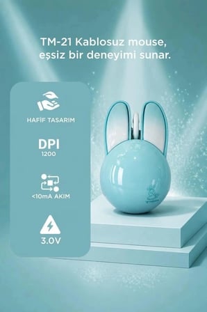 Özel Üretim Torima Kablosuz Tavşan Kulaklı Sessiz Mouse TM21 Mavi Ofis Gereci Renkli Fare