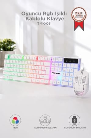 Torima Oyuncu Rgb Işıklı Kablolu Q Klavye Ve Mouse Seti TMK03 Beyaz Sistem Parçası Oyun Aleti