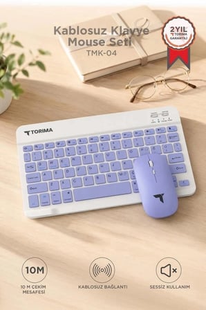 Özel Üretim Torima Kablosuz Klavye Mouse Seti TMK04 Mor Sessiz Fare Kombinasyon
